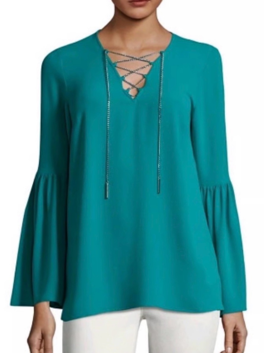 Michael Kors Teal Chain Lace-Up Bell Sleeve Blouse
